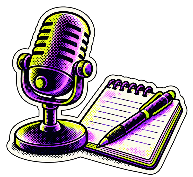 A podcast microphone beside a notebook and pen